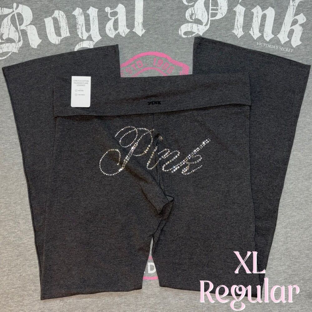 Victoria’s Secret PINK Foldover Flare Leggings Rhinestone Charcoal Gray XL